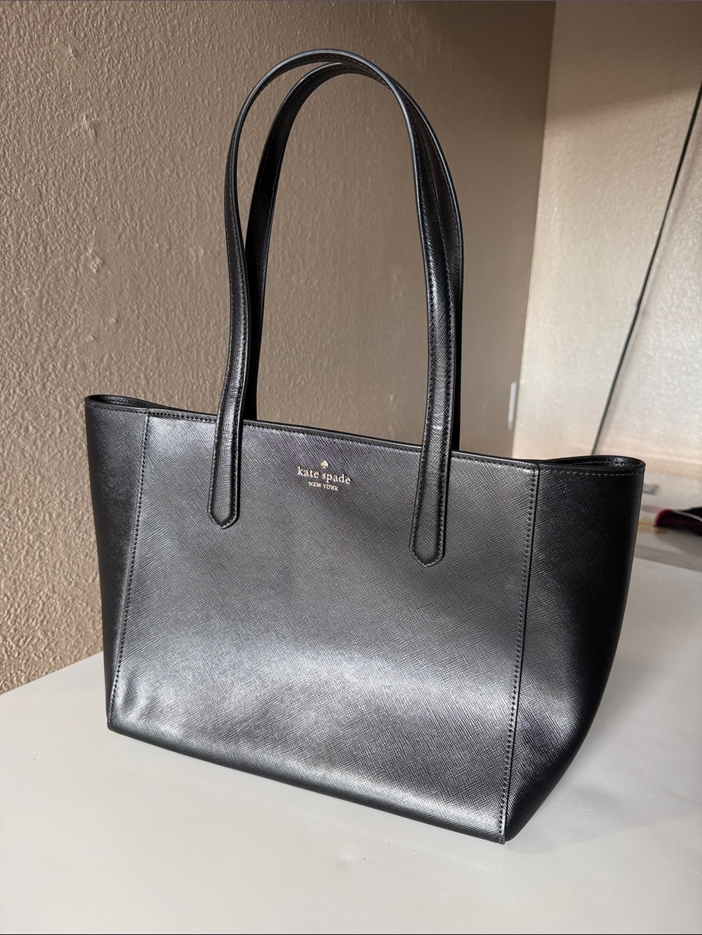 kate spade Black Leather Tote with Gold Logo